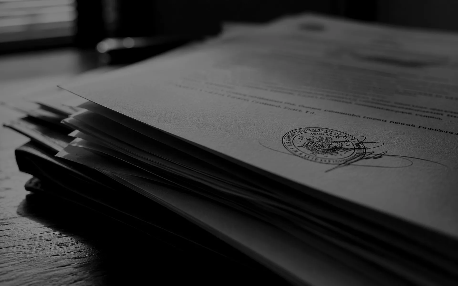 Documentos mercantiles sellados sobre un escritorio
